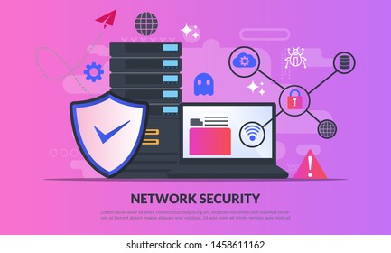 Network security concept, Database secure and personal data protection, Traffic Encryption, VPN, Privacy Protection, Antivirus Technology, flat icon, suitable for web landing page, banner, vector