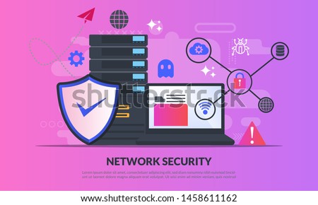 Network security concept, Database secure and personal data protection, Traffic Encryption, VPN, Privacy Protection, Antivirus Technology, flat icon, suitable for web landing page, banner, vector
