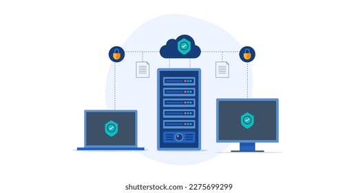 Network security concept, Digital devices connected to secure cloud network, cloud computing, secure data storage - vector illustration with icons