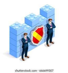 Network Security Concept With Firewall Blocks Cyber Spectre Meltdown Attack Flat Isometric Vector Illustration.