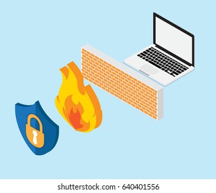 network security concept with firewall isometric vector illustration