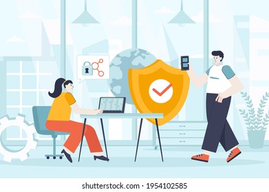 Network security concept in flat design. Security service works in office scene. Man and woman provide Internet protection, access to data. Vector illustration of people characters for landing page