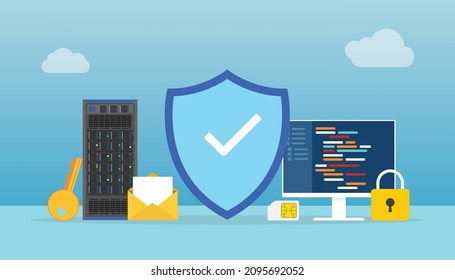 network security concept with shield and padlock server with programming language with modern flat style