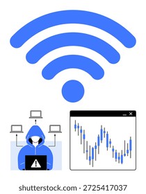 Segurança de rede, cibercrime, análise financeira, violações de dados, tendências de investimento, segurança online. símbolo sem fio, figura encapuzada com símbolo de alerta gráfico de ações financeiras. Segurança de rede