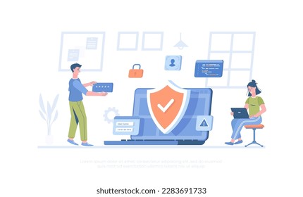 Seguridad de la red, Ciberseguridad, Protección de datos personales. Sistema de protección del servidor en línea. Dibujo moderno vectorial plano para banner, diseño de sitio web, página de inicio.	
