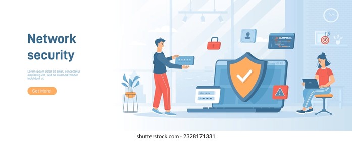 Seguridad de la red, Ciberseguridad, Protección de datos personales. Sistema de protección del servidor en línea. Concepto plano para material promocional en medios sociales. Banner del sitio web sobre fondo blanco.