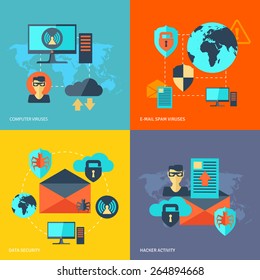 Network security design concept set with computer viruses e-mail spam hacker activity flat icons isolated vector illustration