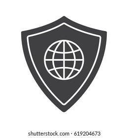 Network security glyph icon. Antivirus program silhouette symbol. Globe model inside protection shield. Negative space. Vector isolated illustration
