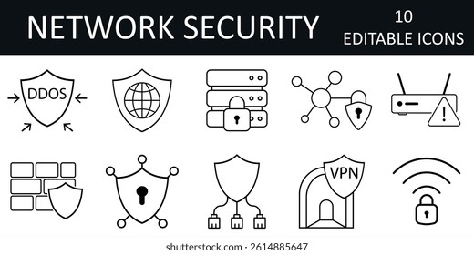 Network security icon set with firewall, VPN tunnel, DDoS shield, router alert, and Wi-Fi lock symbols. Editable outline style for cybersecurity visuals.
