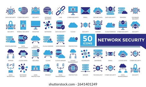 Network security icon solid two color set collection. This set includes cloud computing, data center, database, hosting and more icons in 
solid style. Vector icons collection for websites