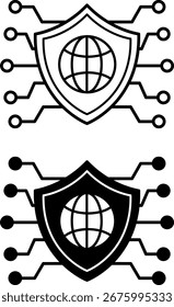 Iconos de seguridad de red. Ilustraciones vectoriales blancas y negras. Escudo. Proteger las redes informáticas y los datos contra el acceso no autorizado, el robo, los daños y el uso no autorizado. Tecnología de información