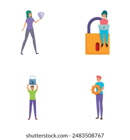 Iconos de seguridad de red conjunto de dibujos animados Vector. Protección de información en línea. Ciberseguridad, tecnología del futuro