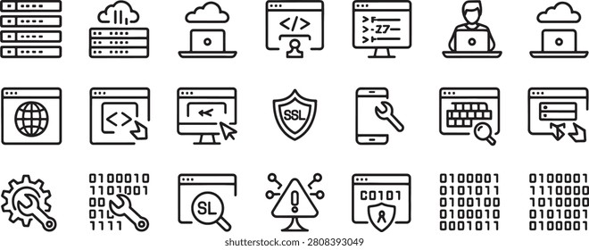 Network Security Icons Set with Server, Cloud, Coding, Shield and Code Symbols in Black Line Art Style