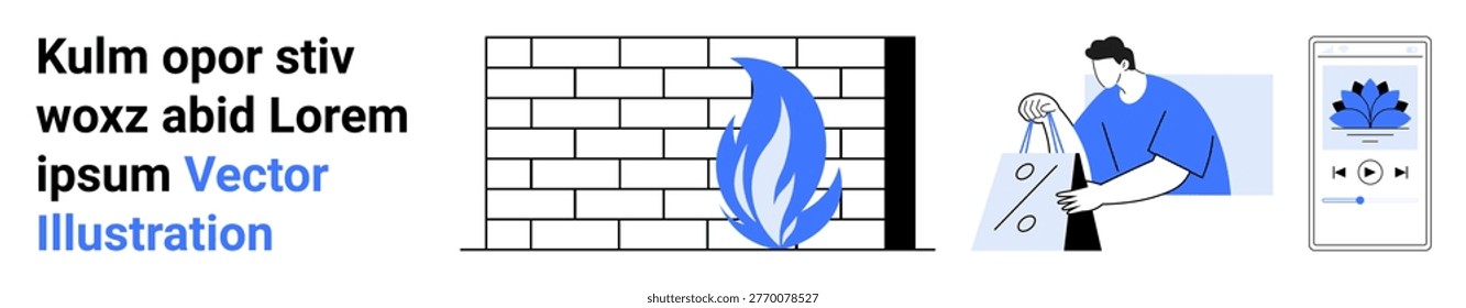 Network security, IT infrastructure, cyber defense, data encryption, online safety, firewall software. Visual of a firewall, person analyzing data mobile app interface. Network security and IT