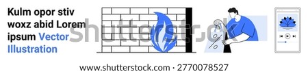 Network security, IT infrastructure, cyber defense, data encryption, online safety, firewall software. Visual of a firewall, person analyzing data mobile app interface. Network security and IT
