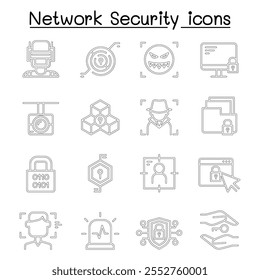 Seguridad de red, icono de firewall de Internet establecido en estilo de línea delgada