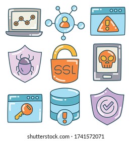 network security and internet security icons color doodle line
