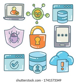 network security and internet security icons color doodle line
