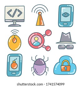 seguridad de red e iconos de seguridad de Internet línea de doodle de color
