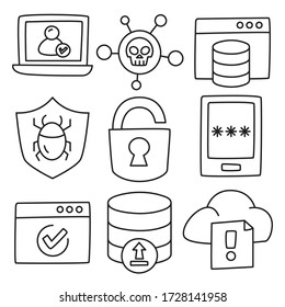 seguridad de red e iconos de seguridad de internet línea de doodle dibujada a mano