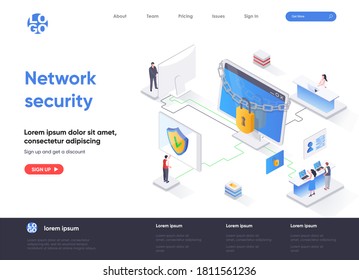 Network security isometric landing page. Firewall software, password identification and privacy isometry concept. Network cybersecurity solution flat design. Vector illustration with people characters