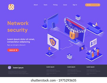 Network security isometric landing page. Firewall software, password identification and privacy isometry concept. Network cybersecurity solution flat design. Vector illustration with people characters