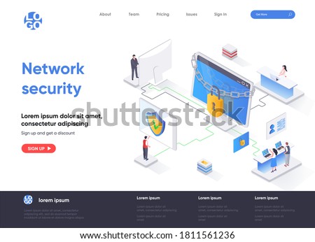 Network security isometric landing page. Firewall software, password identification and privacy isometry concept. Network cybersecurity solution flat design. Vector illustration with people characters