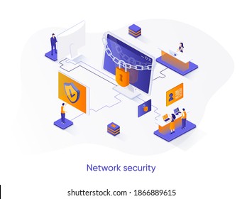 Network Security Isometric Web Banner. Firewall Software, Password Identification And Privacy Isometry Concept. Network Cybersecurity Solution 3d Scene. Vector Illustration With People Characters.