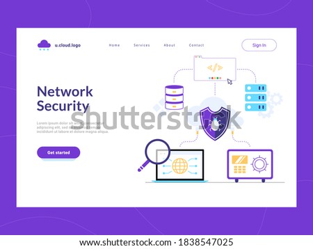 Network security landing page first screen. Bug shield protecting corporate data base, software, work places against potential vulnerabilities. Risk reduce and cyber attacks defense of sensitive data