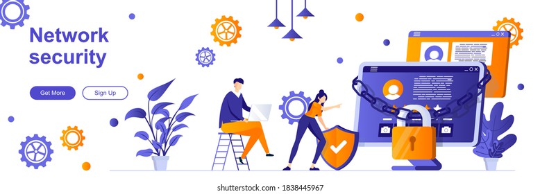 Network security landing page with people characters. Online server protection system web banner. Personal data security vector illustration. Flat concept great for social media promotional materials.