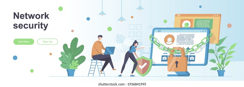 Network security landing page with people characters. Online server protection system web banner. Personal data security vector illustration. Flat concept great for social media promotional materials.