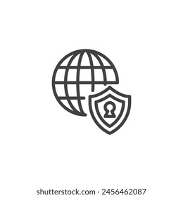 Network Security line icon. linear style sign for mobile concept and web design. Globe and shield outline vector icon. Cyber security symbol, logo illustration. Vector graphics