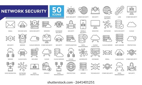 Network security lineal icon set collection. This set includes cloud computing, data center, database, hosting and more icons in 
lineal style. Vector icons collection for websites and infographics