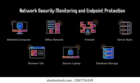 Network Security Monitoring and Endpoint Protection with Shielded Computer, Office Network, and Database Storage Darker Background Version with Editable Stroke and Colors.