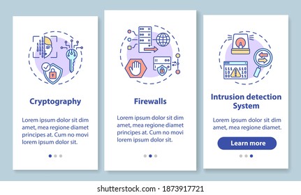 Network security onboarding mobile app page screen with concepts. Cryptography, firewall, intrusion detection walkthrough 3 steps graphic instructions. UI vector template with RGB color illustrations