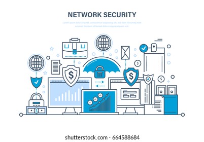 Network security, personal data protection, payment security, database secure, preservation and confidentiality of information. Illustration thin line design of vector doodles, infographics elements.