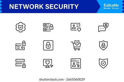 Network Security Professional Line Icon Set – Modern Minimal Cybersecurity, Data Protection, Privacy, Firewall, Malware, Safety, Encryption, Technology, and Secure System