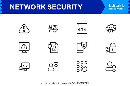 Network Security Professional Line Icon Set - Modern Minimal Cybersecurity, Proteção de Dados, Privacidade, Firewall, Malware, Segurança, Criptografia, Tecnologia e Sistema Seguro