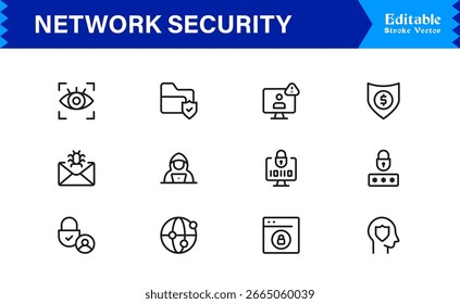Conjunto de iconos de línea de Profesional de seguridad de red: ciberseguridad mínima moderna, protección de datos, privacidad, firewall, malware, seguridad, cifrado, Tecnología y sistema seguro
