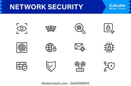 Network Security Professional Line Icon Set – Modern Minimal Cybersecurity, Data Protection, Privacy, Firewall, Malware, Safety, Encryption, Technology, and Secure System