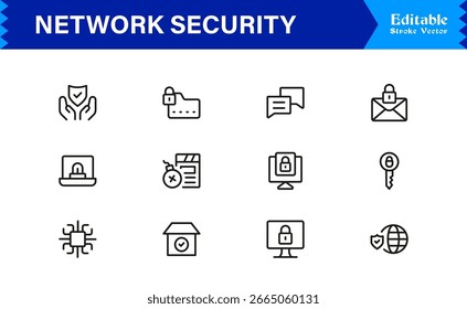 Conjunto de iconos de línea de Profesional de seguridad de red: ciberseguridad mínima moderna, protección de datos, privacidad, firewall, malware, seguridad, cifrado, Tecnología y sistema seguro
