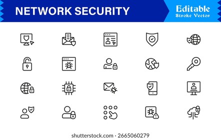 Network Security Professional Line Icon Set – Modern Minimal Cybersecurity, Data Protection, Privacy, Firewall, Malware, Safety, Encryption, Technology, and Secure System