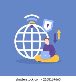 network security. protection and security system on the internet. proxies, dns, wifi. firewalls. an IT staff or network engineer using a laptop. technology. illustration concept design