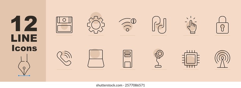 Network and security set icon Drawer, cog, wireless alert, paperclip, tap, lock, call, router, server, webcam, chip, signal tower. Networking, security, tech tools