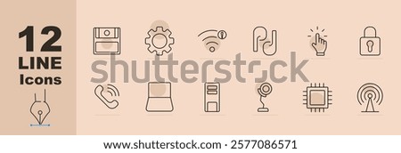 Network and security set icon Drawer, cog, wireless alert, paperclip, tap, lock, call, router, server, webcam, chip, signal tower. Networking, security, tech tools