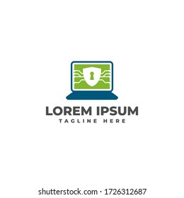 Network Security Shield Lock with Laptop Logo Vector Icon Illustration