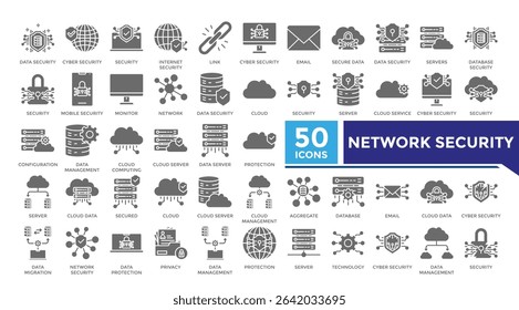 Network security solid icon set collection. This set includes cloud computing, data center, database, hosting and more icons in 
solid style. Vector icons collection for websites and infographics