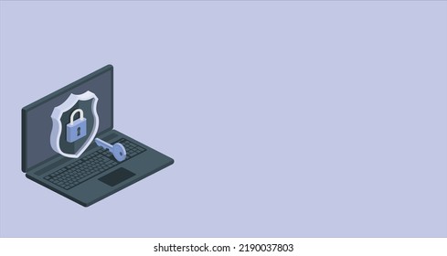Sistema de seguridad de red. Información de datos personales en el portátil. Servicios Tecnológicos de Información y Ciberseguridad. Tecnología de Internet. bloqueo y llaves fuera del lado del portátil. Ilustración de concepto de protección