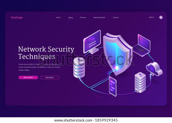 Network security techniques banner. Concept of\
safety internet technologies, data secure. Vector landing page of\
information protect with isometric laptop, mobile phone, computer\
and shield icon