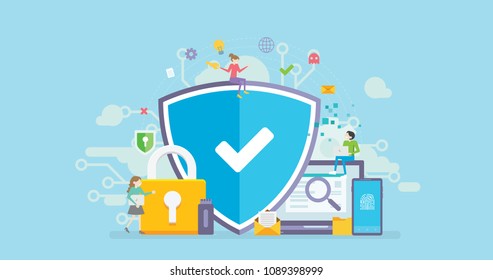 Network Security Tiny People Character Concept Vector Illustration, Suitable For Wallpaper, Banner, Background, Card, Book Illustration, Web Landing Page, and Other Related Creative